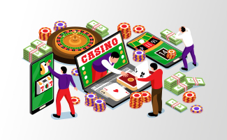 Personajes jugando a ruleta, slots y blackjack desde el móvil.